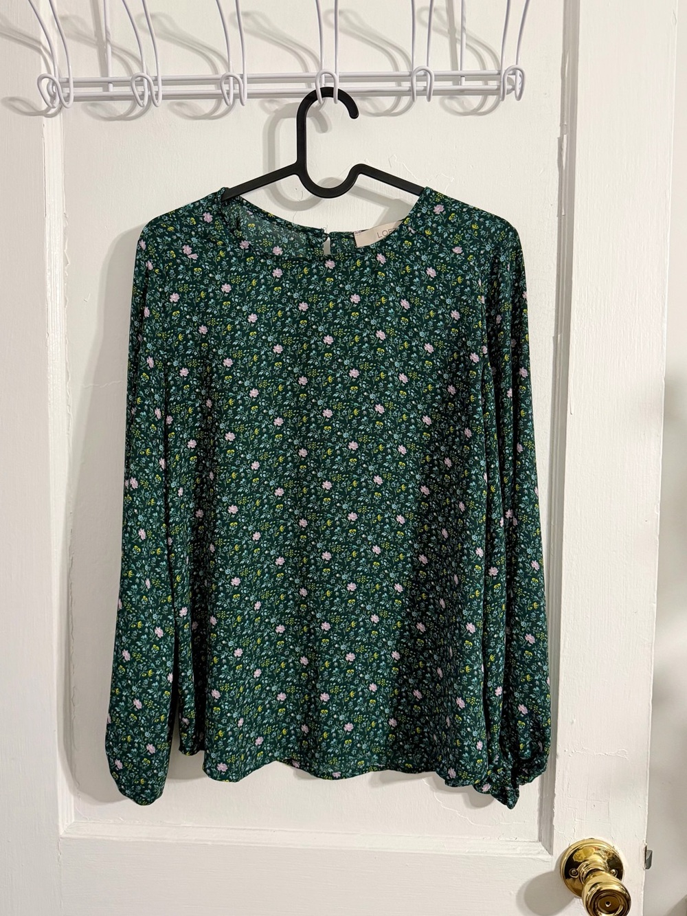 LOFT Green Floral Long-Sleeve Blouse
